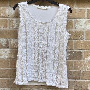 Tank with crochet overlay in front.